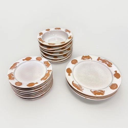 19 Piece Vintage Frankoma 303 Set Seafare Lobster Shells Ocean - Plates, Bowls