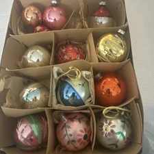 13 VINTAGE SHINY BRITE ? ORNAMENTS 3" STENCILED PAINTED STRIPES