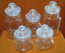 5x Vintage Glass Storage Jars 1 1/2, 1, 1/2L Airtight Square Glass Lids