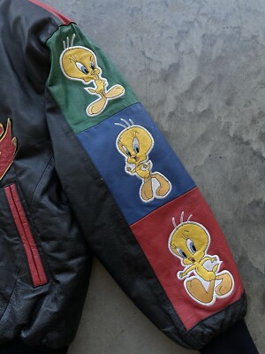 Vintage Tweety Bird Leather Jacket Looney Tunes Embroidered