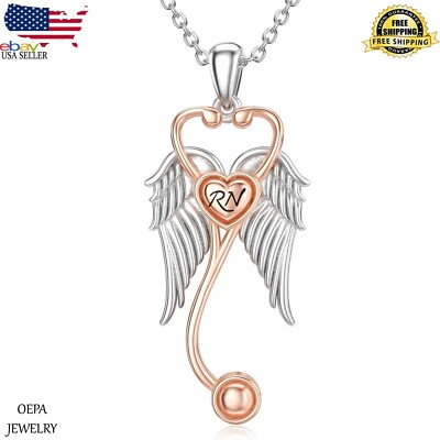 925 Sterling Silver Stethoscope Necklace Doctor Nurse Angel Wings