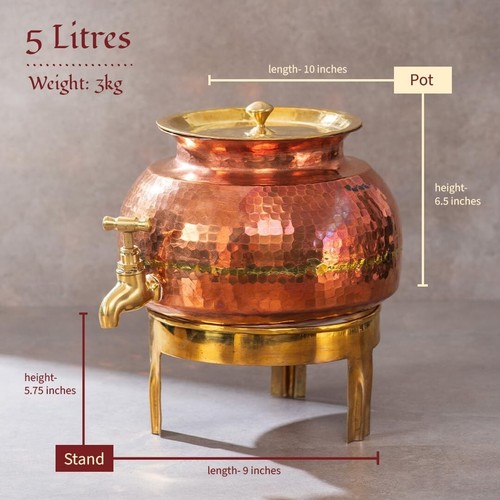 Copper Water Dispenser 5 Liters with Pre-Fitted Tap, Lid and Brass Stand - Picture 2 of 3