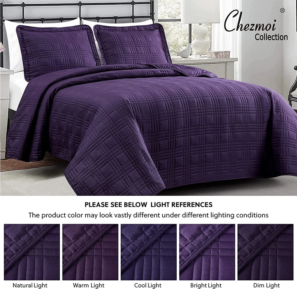 Chezmoi Collection 3-Piece Dark Purple Oversized Coverlet Bedspread Quilt Set - Image 4 of 4