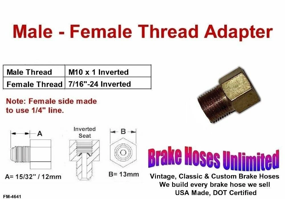 Brake Line Thread Adapter, Male M10 x 1 Inverted, Female 7/16