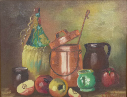 1950's-60's Stil Life Oil on Canvas Painting Vine Apples and Jars by Sohler - Picture 2 of 7