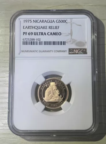 Nicaragua 1975 500 Cordobas Gold Proof Coin Earthquake Nude Woman NGC PF 69 UC