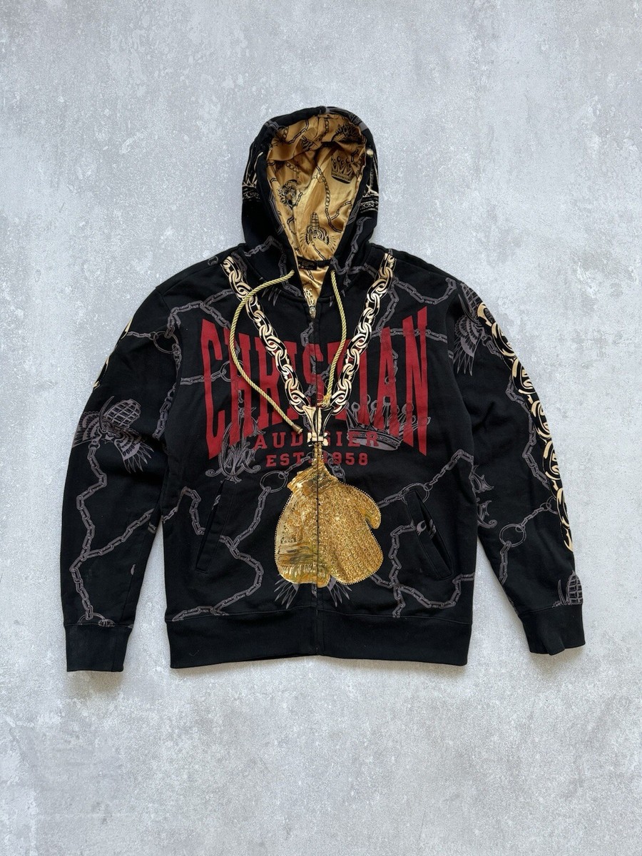 Vintage Christian Audigier Gold Zip Hoodie Panther Chains