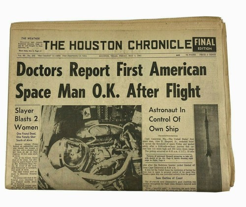 1961 Newspaper Alan Sheppard 1st American Space Man Freedom 7 Houston Chronicle