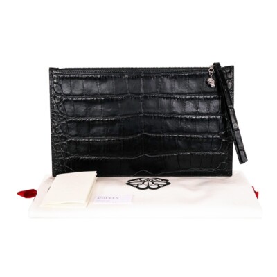 Alexander McQueen ポーチ NEW $530 ALEXANDER MCQUEEN Black Leather Croc Embossed SKULL