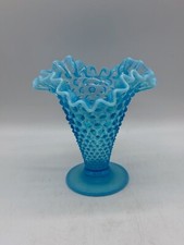 Vintage Fenton Glass Hobnail Opalescent Aqua Blue Ruffled Fluted Vase 5.5 Tall