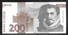 SLOVENIA; 200 TOLAR NOTE / 200 tolarjev  2001  P-15c  cutting error VF/XF
