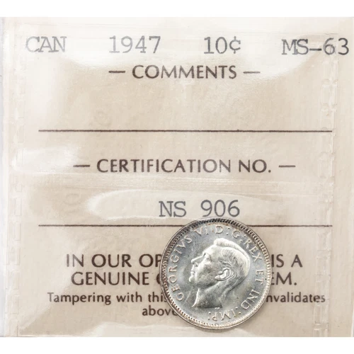 Canada 1947 10 Cents Dime Silver Coin - ICCS MS-63