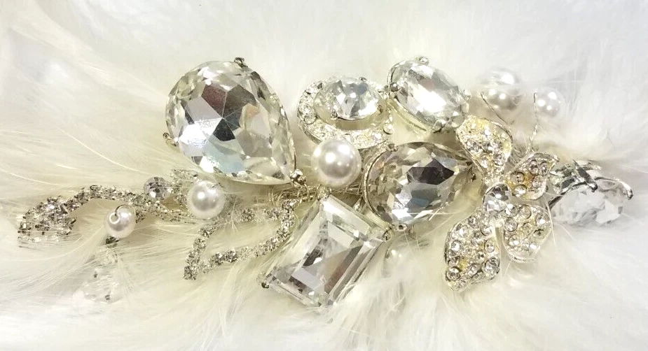 Vtg Ivory Feathers Silver Tone Rhinestone Faux Pearl Hair Clip Wedding Fashion - Image 3 of 4