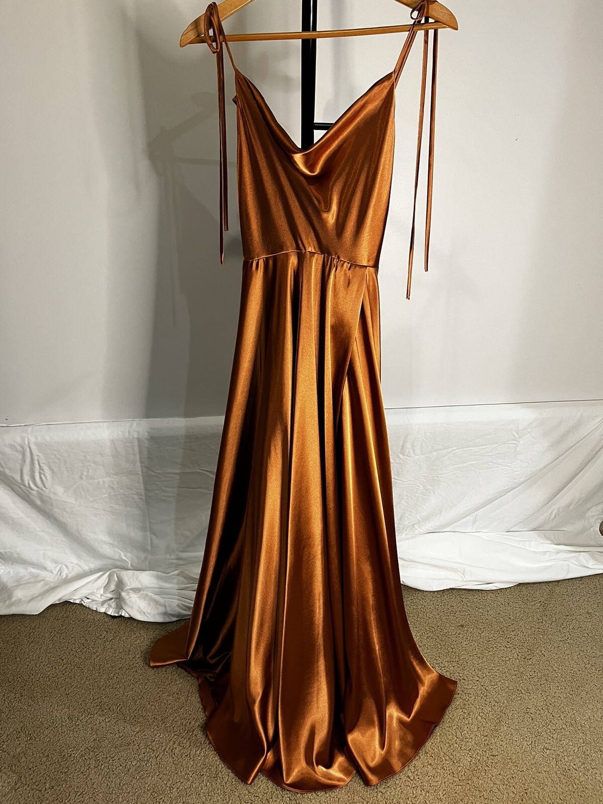 Cinderella Copper Cowl Neck Leg Slit Satin ALine Ele… Gem