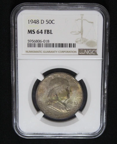 1948 D Franklin Silver Half Dollar NGC MS64 FBL Toned Dark Rainbow Color Toning