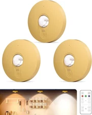 3-Pack Rechargeable Puck Lights Gold w/ Remote Dimmer Timer 1500mAh