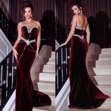Burgundy Velvet Mermaid Evening Dresses Crystals Beaded Sleeveless Prom Gowns