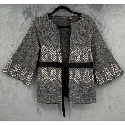 Heather B Sweater Women Size M Gray Wool Tie Front Boho Bell Sleeve Cardigan