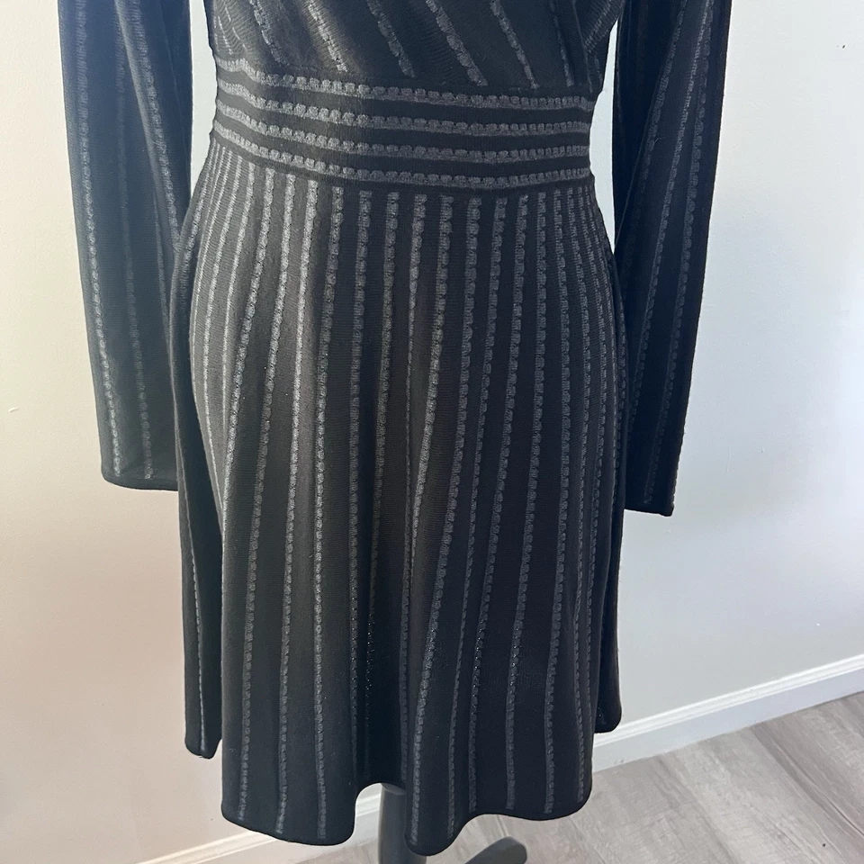 Vestido Dana Bachman Manga Larga Cuello en V Negro y Gris Rayas Mujer’s Grande Foto 3 de 4