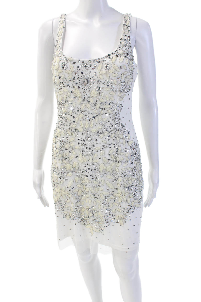 Adrianna Papell Womens Scoop Neck Sleeveless Beaded Mini Dress White Size 10Free Shipping in US $100+ Orders | $6.95 Orders Below