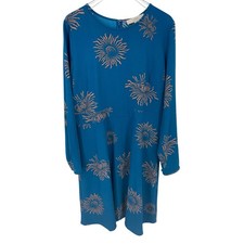 LOFT Teal Floral Print Long Sleeve Dress Women's Size 12 Cruise Resort Easy Care