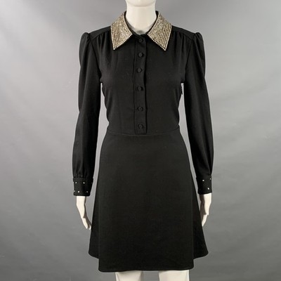 Saint Laurent Größe 8 Schwarz Gold Wolle Crepe Strass Langarm Kleid