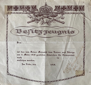 RARE! WW1 GERMAN WOUND BADGE UNUSED CERT OF OWNERSHIP (BATTLEFIELD P/U) SEP 1918