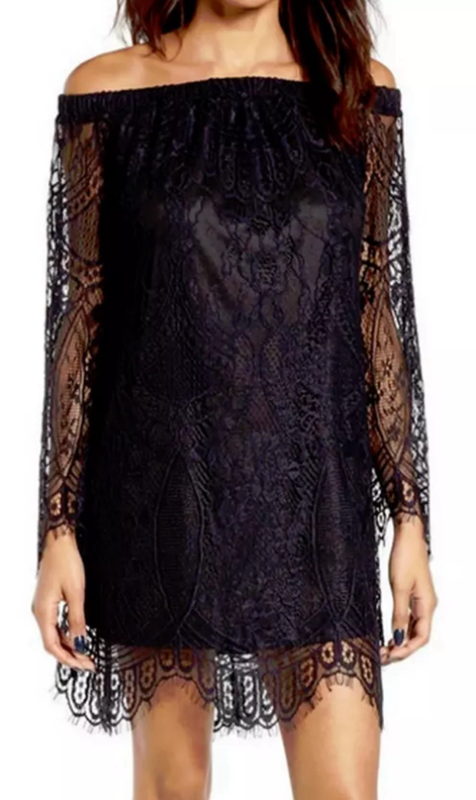 Love Fire Lace Dress Sz Large Black Illusion Off-The-Shoulder Event Formal