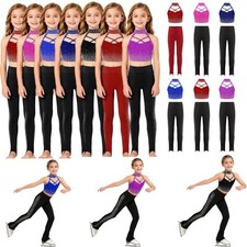 Kids Girls Outfit Exercise Set Crop Top Tracksuit Performance Sleeveless Ballet