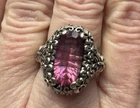 Sterling Silver Marcasite Ring Pink Faceted Glass Statement Vintage Style Size 6