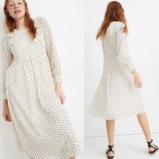 Madewell Womens Smocked Ruffle Ivory & Black Inkbrush Polka Dot Midi Dress Large