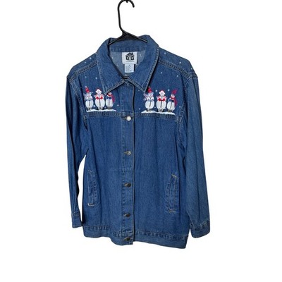 Storybook Knits Denim Jacket Snowman Embroidery Rhinestone Embellished Size M