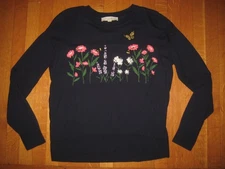 LOFT Navy Blue Floral Sweater Size Medium Butterfly Bumble Bee Spring