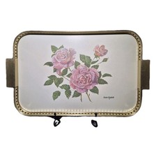 Vintage Floral Serving Tray Large 50x30cm Metal Handles Pink Roses Retro England