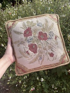 Embroidered Pillow - Poppy Wild Flower - Embroidery Tapestry Cushion