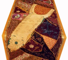 40" RARE VINTAGE ART DÉCOR SARI BEADED SEQUIN TAPESTRY TABLE LINEN RUNNER THROW