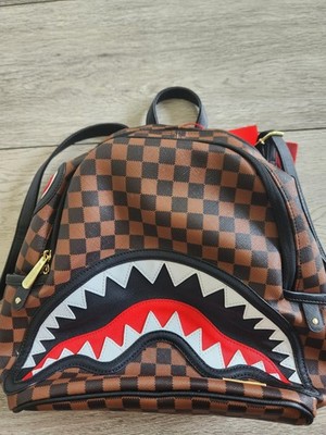 Sprayground Limited Edition Brown Checkered Shark Mouth Backpack Gold Hardware