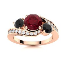 5MM Round Ruby  Black Spinel 925 Silver Rose Plated Three Stone Women Ring