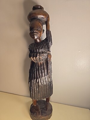 Native African Woman Statue Handcarved Wood Food Water Vessel Head 24 Inches