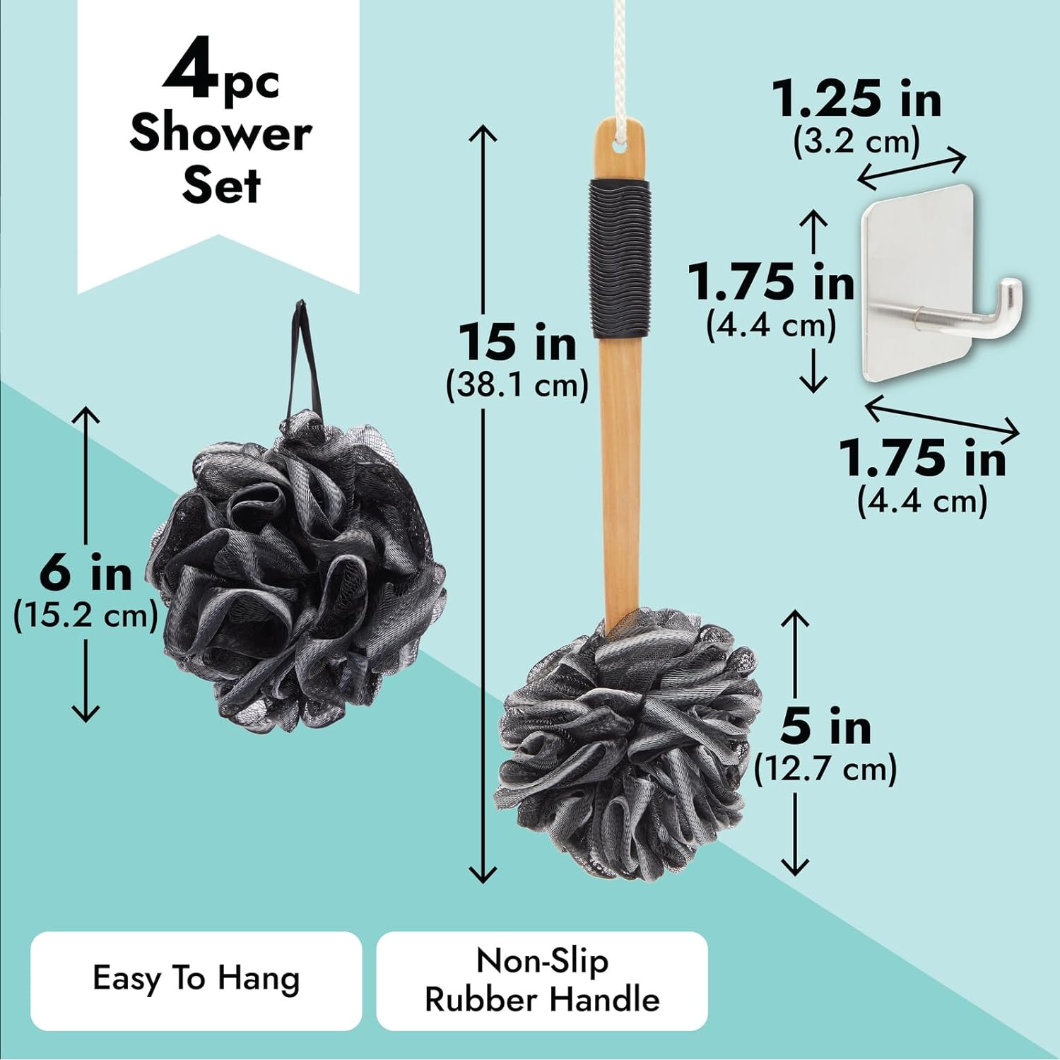 Loofah Bath Set with 1 Loofah on A Stick, 2 Sponge Poufs, and 1 Shower