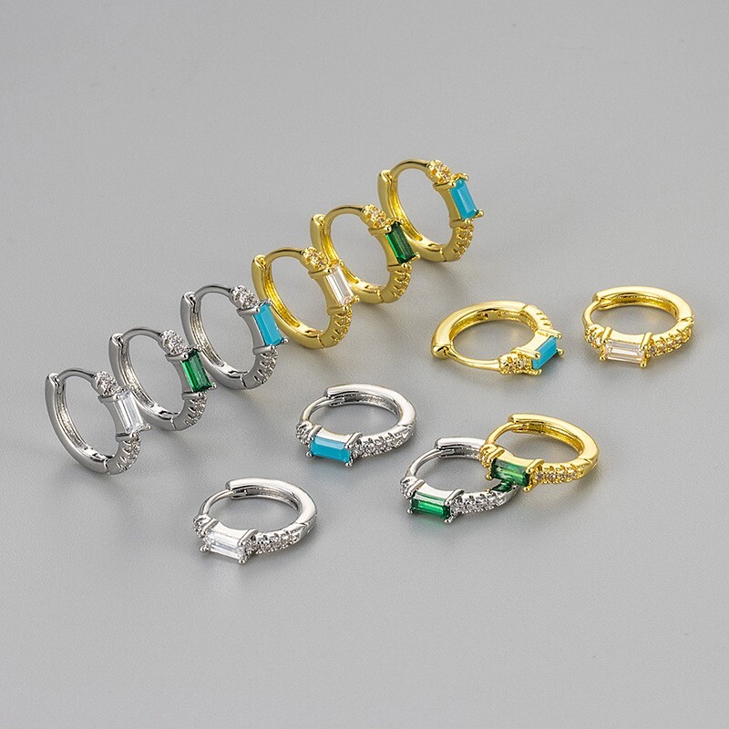 Women's Silver Gold Plated Tiny Round Huggie Hoop Earrings with Square CZ 11mm