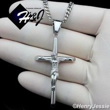 16"-36"MEN Stainless Steel 3mm Silver Cuban Curb Chain JESUS Cross Pendant P116