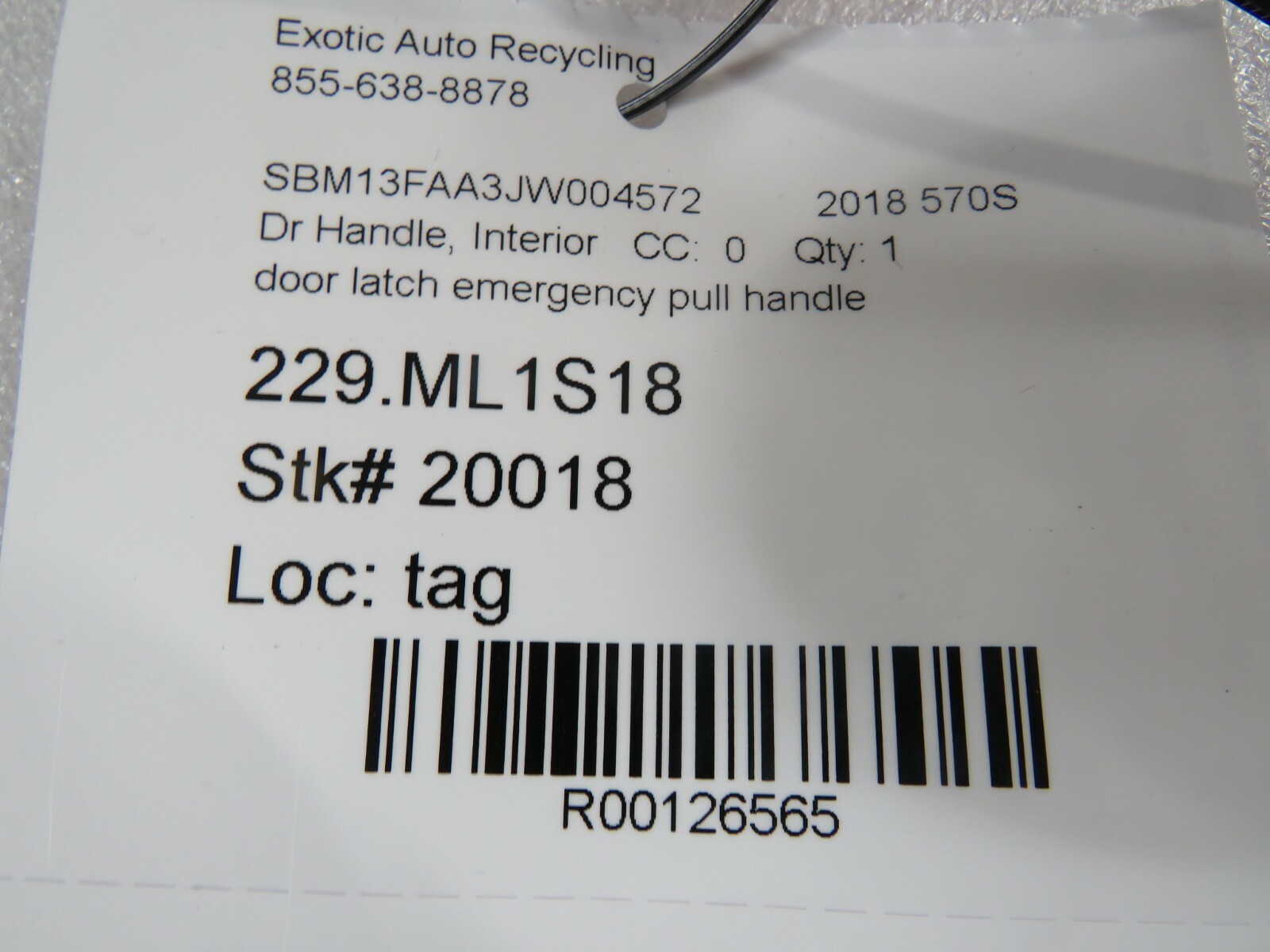 Mclaren 570s, Door Latch, Emergency Pull Handle, Used
