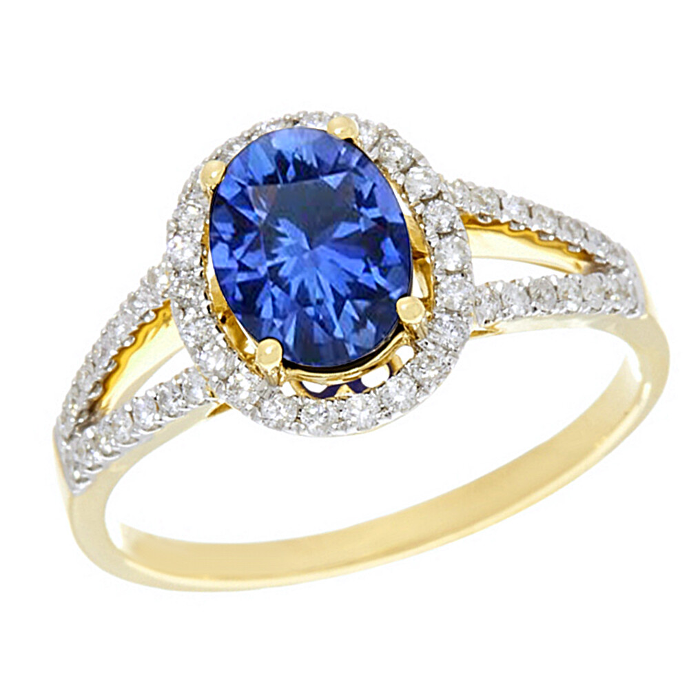 Halo Engagement Ring with Simulated Sapphire & Moissanite in 14K Yellow Gold-image