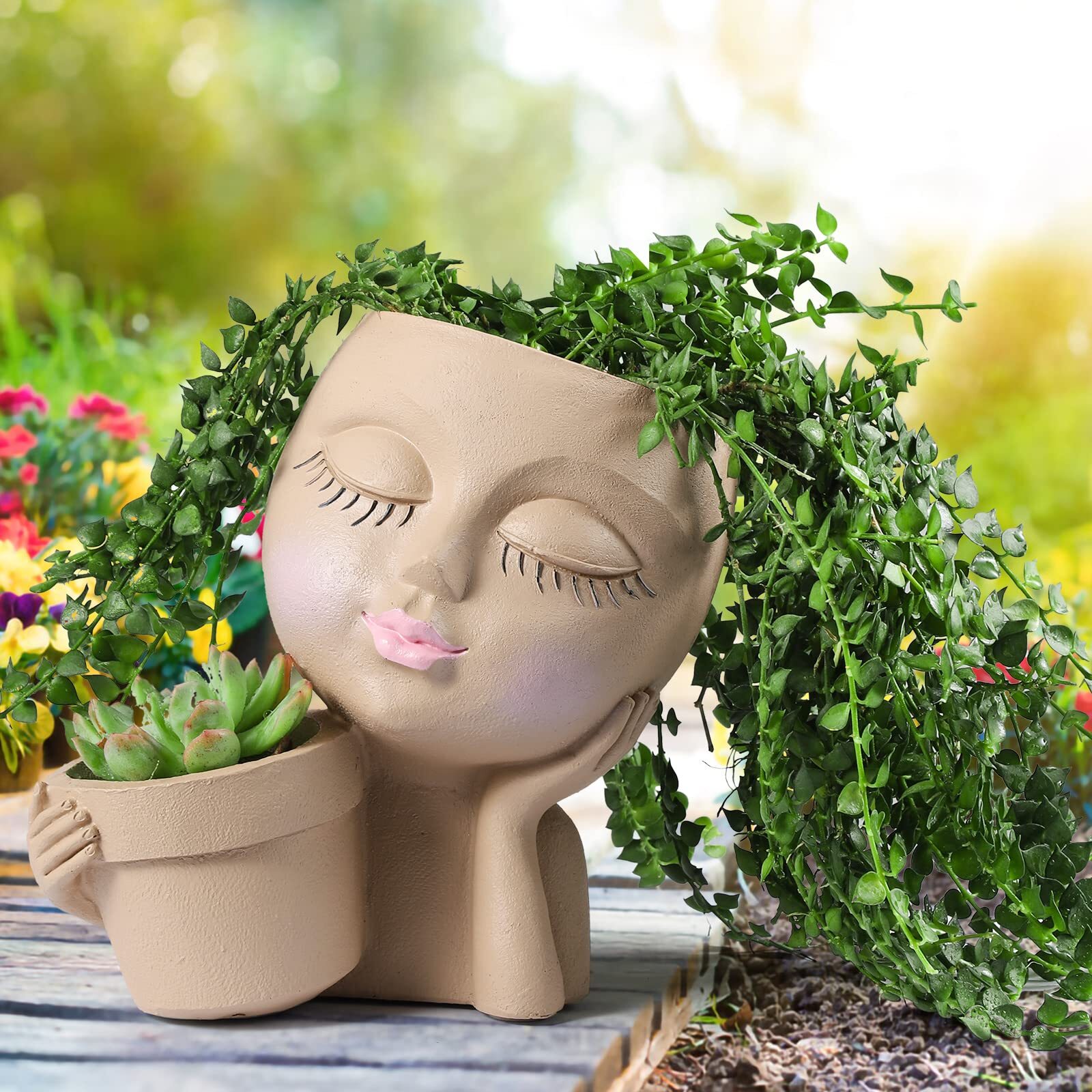 WEWEOW Face Planter Pot - Double Flower Pots in One for Indoor Outdoor Plants...