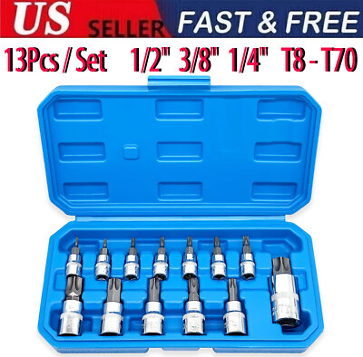 13Pcs Torx Torque Tork Star Bits Drive Male Female 3/8' Chrome Sockets Set Tool