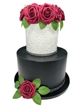 2 Tier Fake Cake 12 Inches Tall - Black and White with Red Flowers
