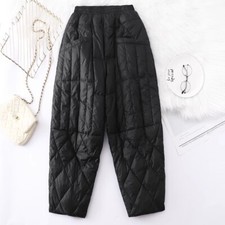 Women Quilted Padded Pants Trousers Windproof Warm Tapered Pocket Elastic Waist