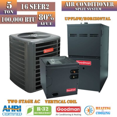 Goodman 5 Ton 16 SEER2 AC 100K BTU 80% Gas Furnace Central Split System 2-Stage
