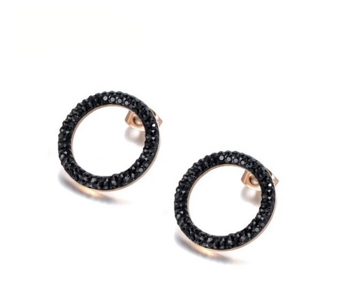 Rose Gold Circular Earrings With Black Austrian Crystals - Picture 4 of 4